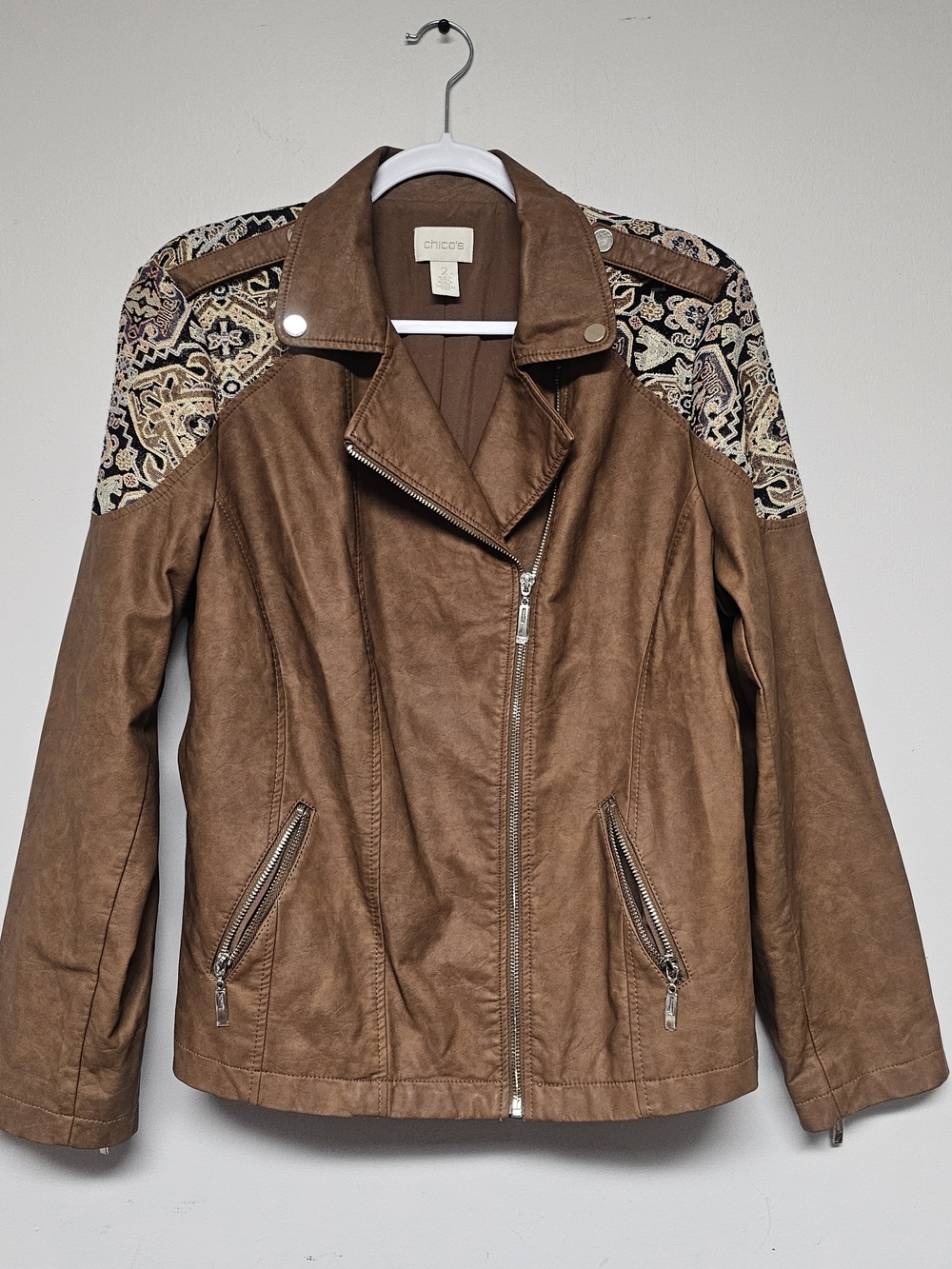 Chico's Brown Faux-Leather Moto Jacket Jacquard Paisley Size Large Artsy Western